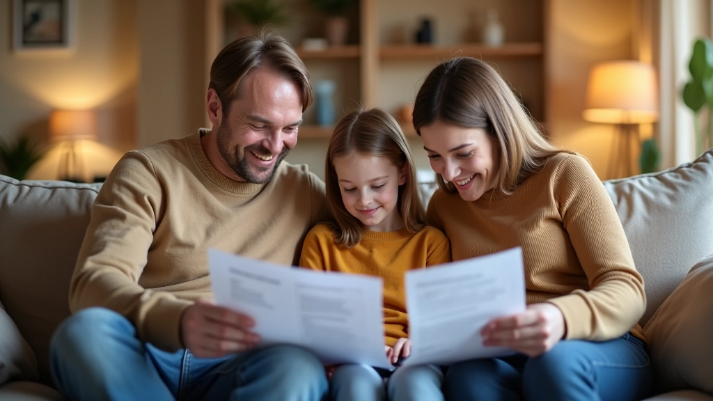 Rodina v obývacím pokoji sedící na gauči, která si prohlíží účty a hypoteční dokumenty s kalkulačkou na stole