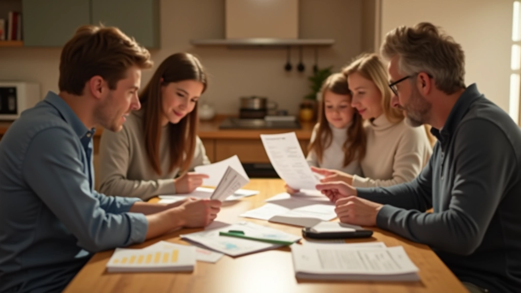 Семья анализирует счета и квитанции на кухонном столе, планирует бюджет
