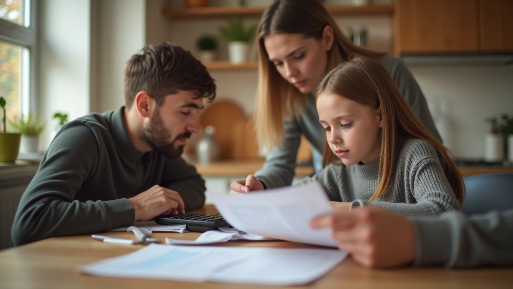 Rodina u stolu analyzující domácí rozpočet s účtenkami a kalkulačkou v moderní kuchyni