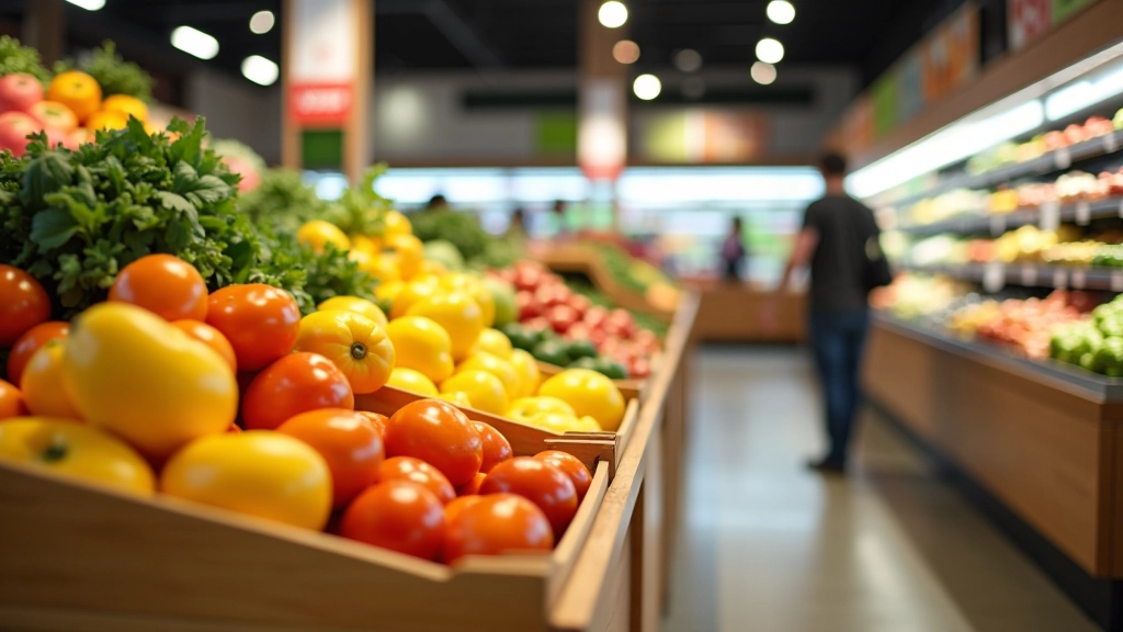 Obchod s potravinami s řadami čerstvých zelenin a ovoce