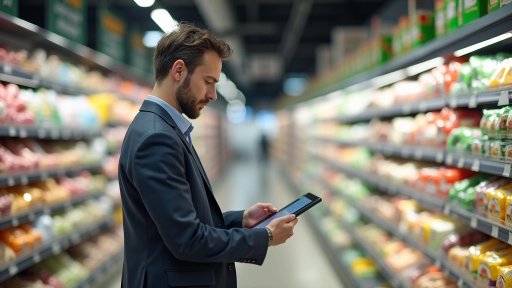 Pracovník supermarketu zaznamenávající ceny jednotlivých produktů na poličkách v obchodě s notebookem