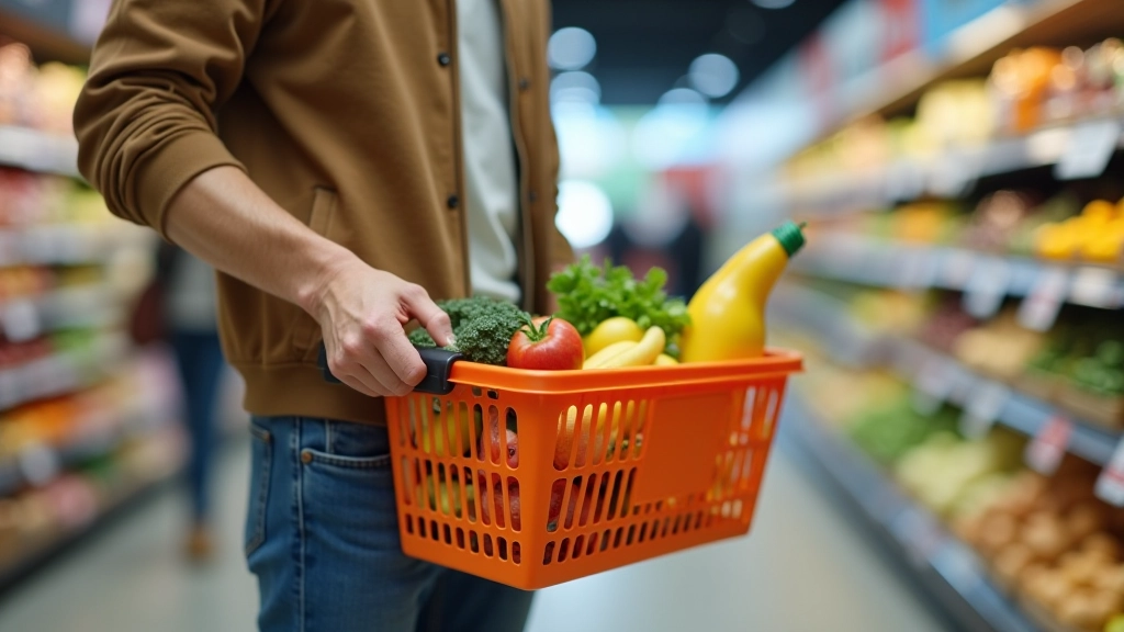 Čtenář si prohlíží položky v nákupním košíku s různými potravinami