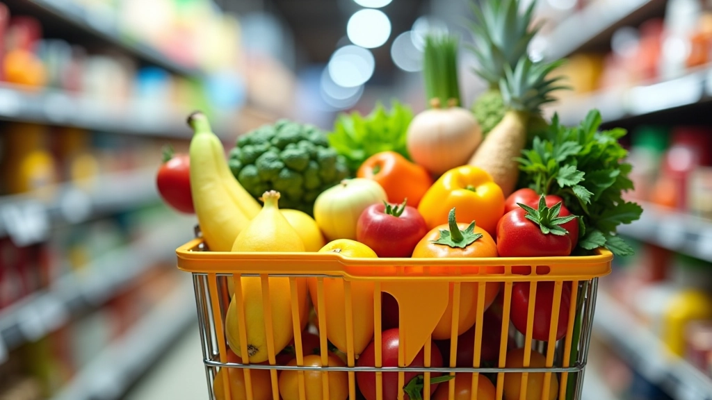 Nákupní koš s rozmanitými produkty symbolizující spotřebitelský koš