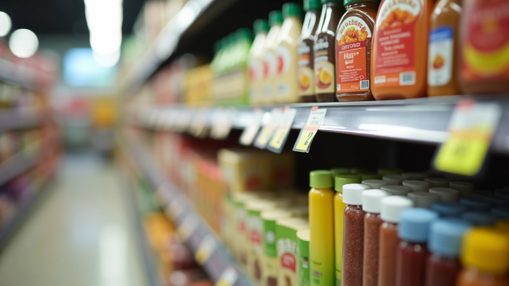 Detailní pohled na ceny v supermarketu s barevnými štítky a čísly